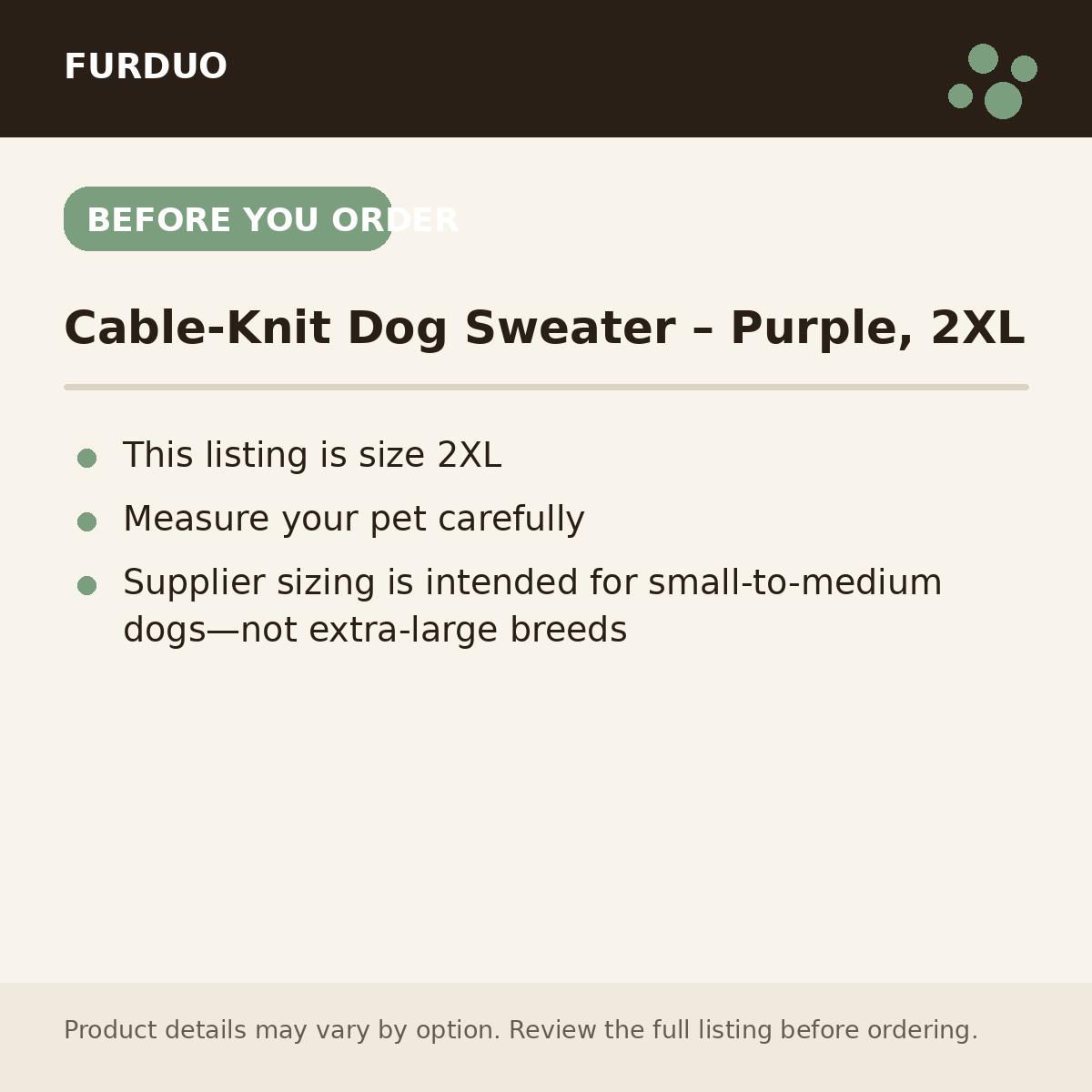 Cable-Knit Dog Sweater – Purple, 2XL before you order information