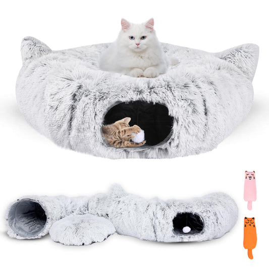 FURDUO PurrPuff cat tunnel bed with two catnip toys, cozy foldable donut-shaped tunnel for indoor cats and small pets.