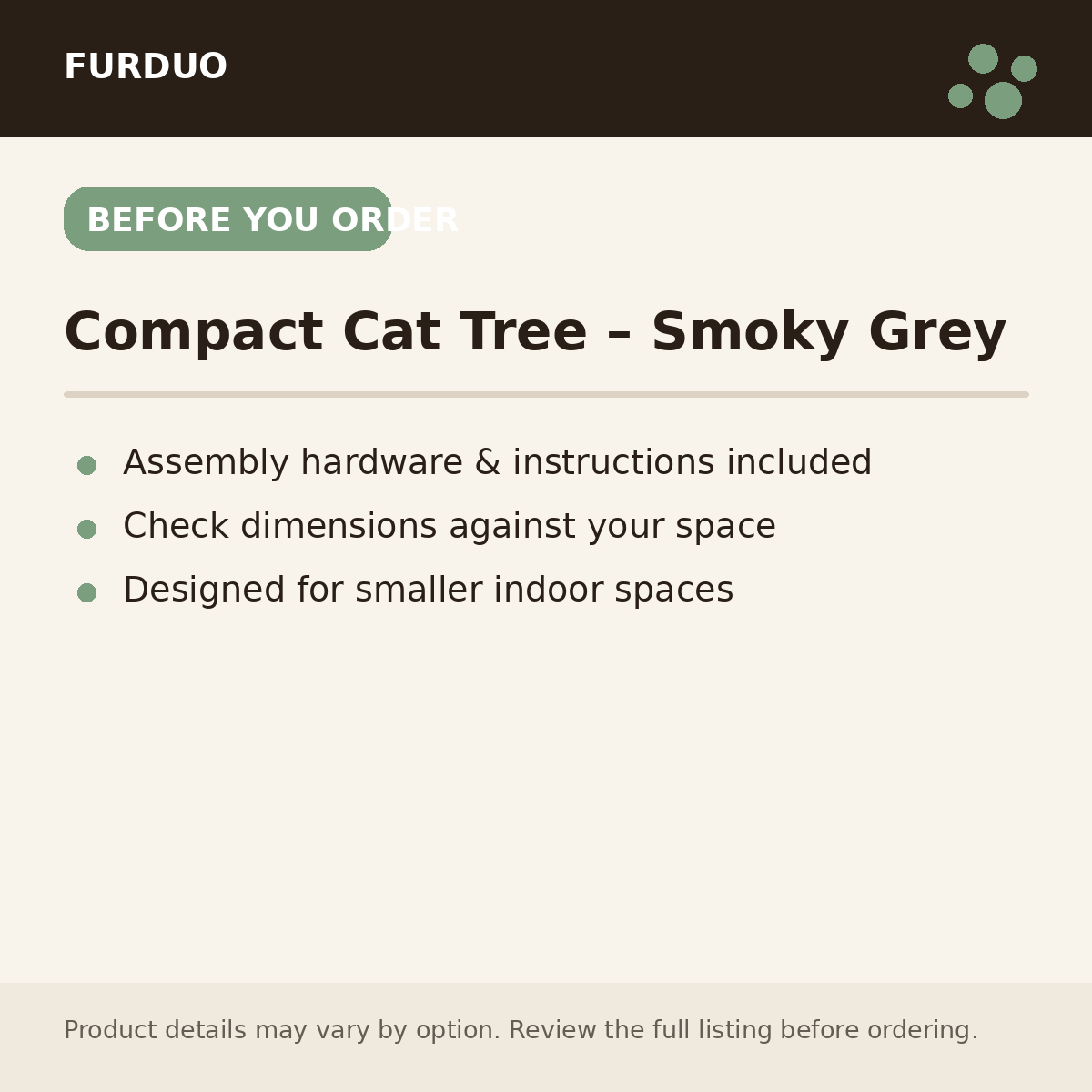 Compact Cat Tree with Scratching Post & Perch – Smoky Grey before you order information