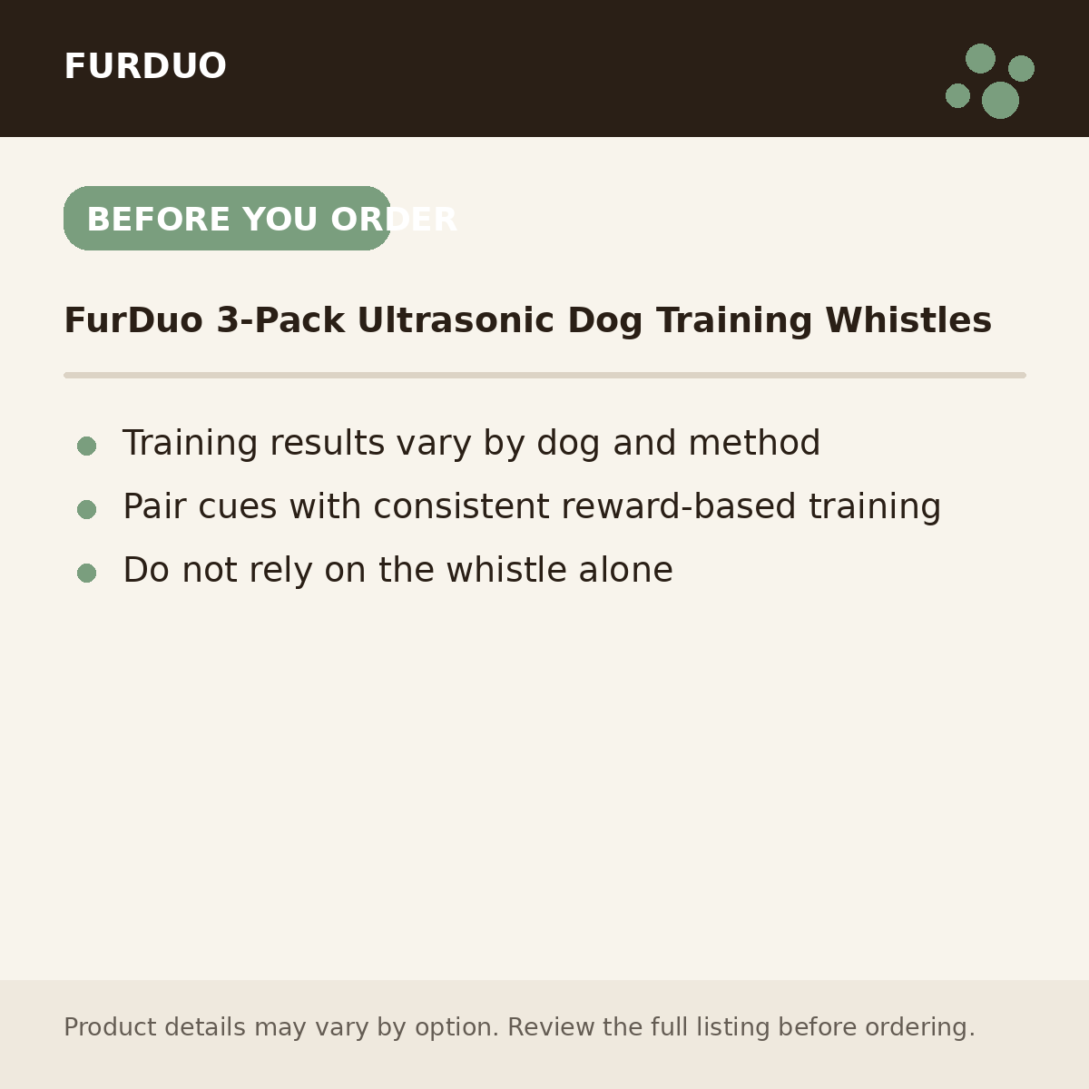 FurDuo 3-Pack Ultrasonic Dog Training Whistles before you order information