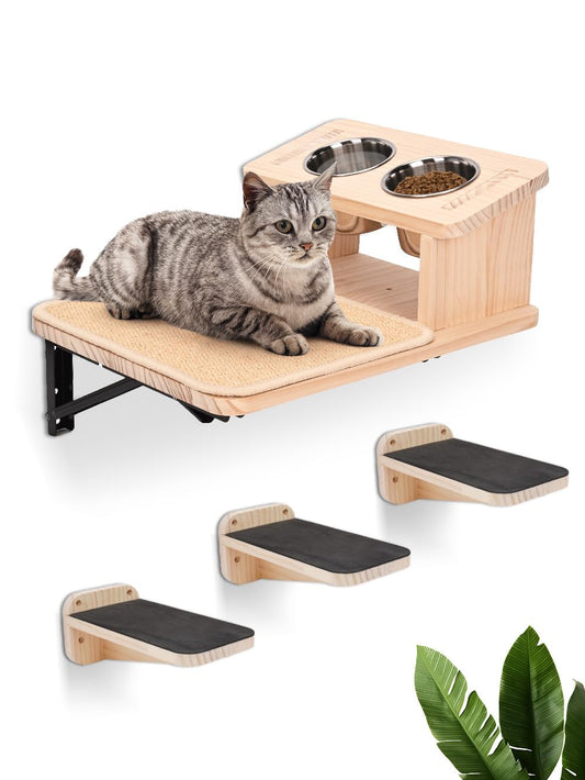 FurDuo Cat Wall Climbing Shelf Set mounted on wall, featuring multiple beige and grey plush platforms for feline play and rest.