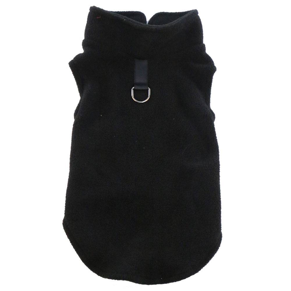 FURDUO fleece dog jacket with leash attachment, soft and warm pet apparel, shown on a small dog for outdoor winter walks.