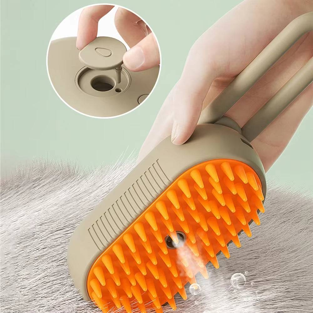 FURDUO Steamy Pet Pamperer 3-in-1 grooming brush showing ergonomic handle and bristles for gentle pet grooming.