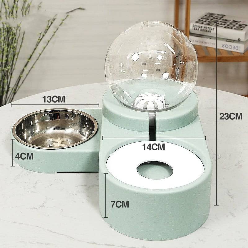FURDUO HydroNibble pet water and feeding station with stainless steel bowls on a wooden surface, suitable for small pets.