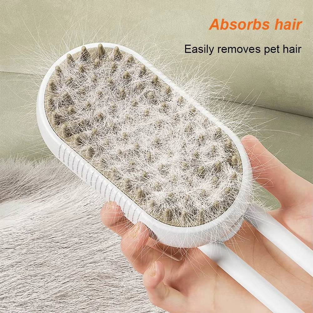 FURDUO Steamy Pet Pamperer 3-in-1 grooming brush with ergonomic handle for gentle pet hair grooming and detangling.