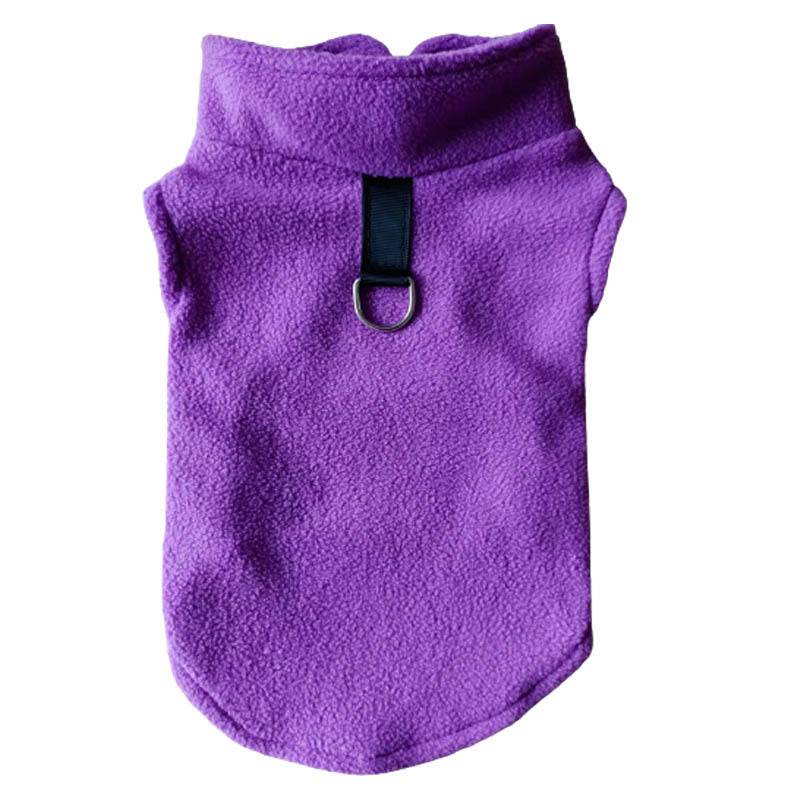 FURDUO fleece dog jacket with attached leash, soft and warm pet apparel, shown on a small dog outdoors.