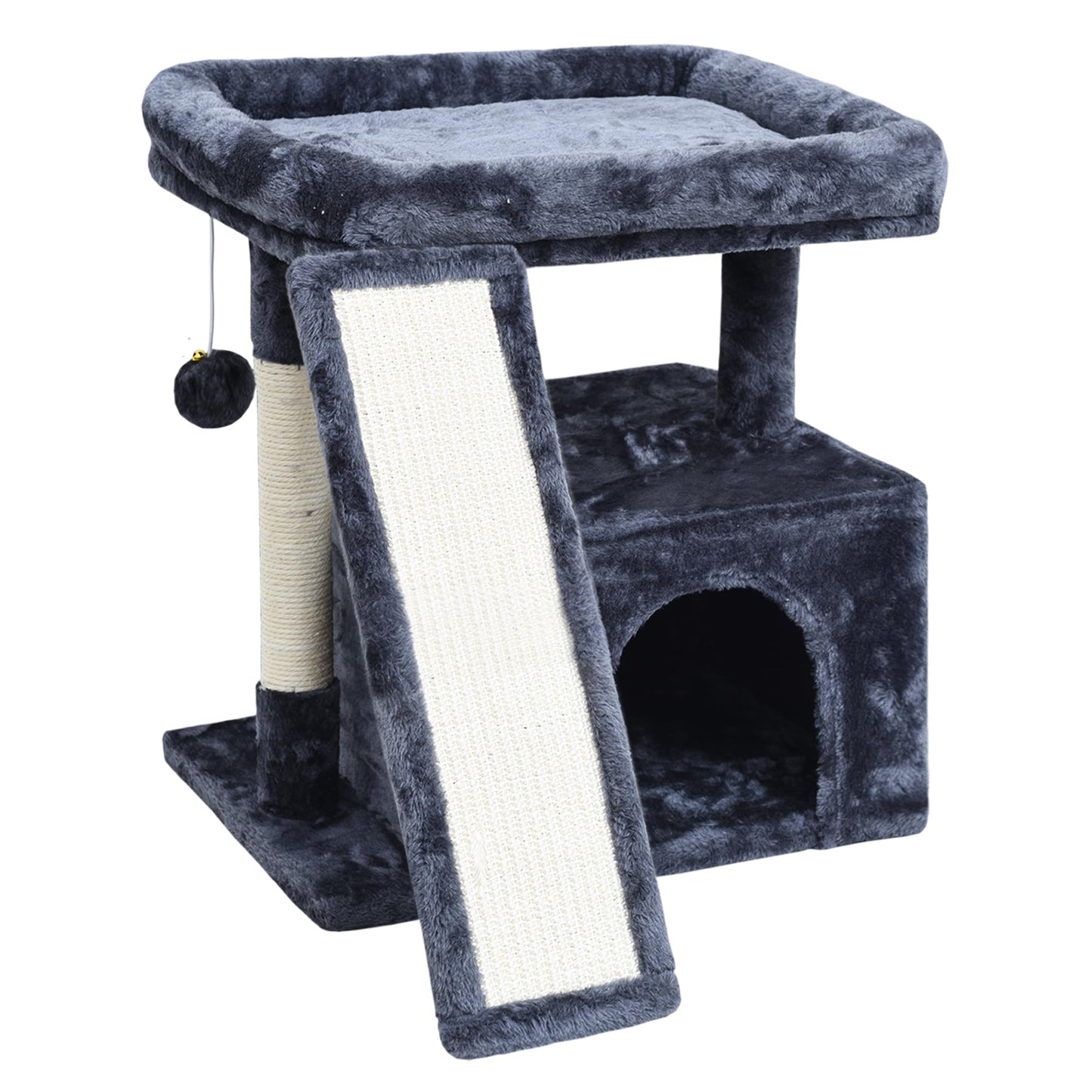 Small Smoky Grey FURDUO cat tree with scratching post, perch, and cozy house for indoor cats and kittens.