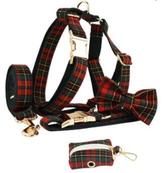 FURDUO plaid Christmas pet collar with green background and matching leash, festive accessory for dogs or cats