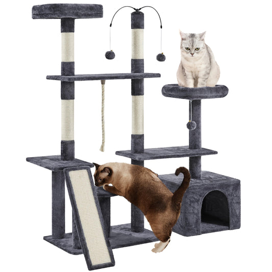 Dark gray multi-level FURDUO cat tree with plush perches, scratching posts, and a rotating play center for indoor cats and kittens.