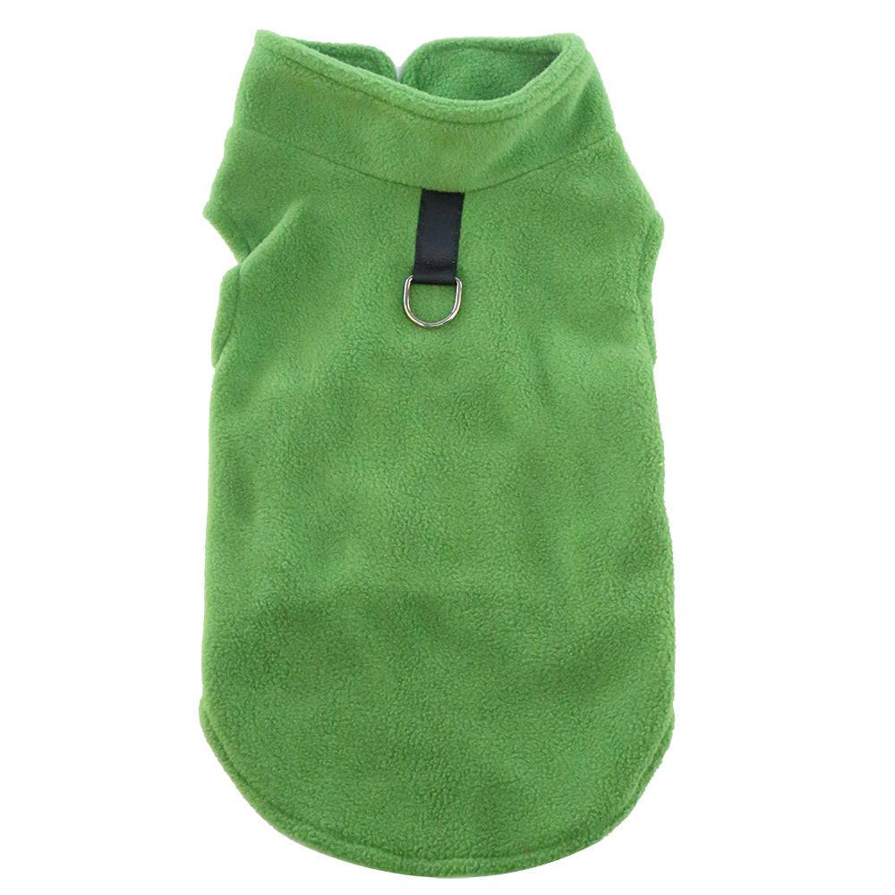 FURDUO fleece dog jacket with attached leash, soft and warm pet apparel for small dogs, shown in a cozy outdoor setting.