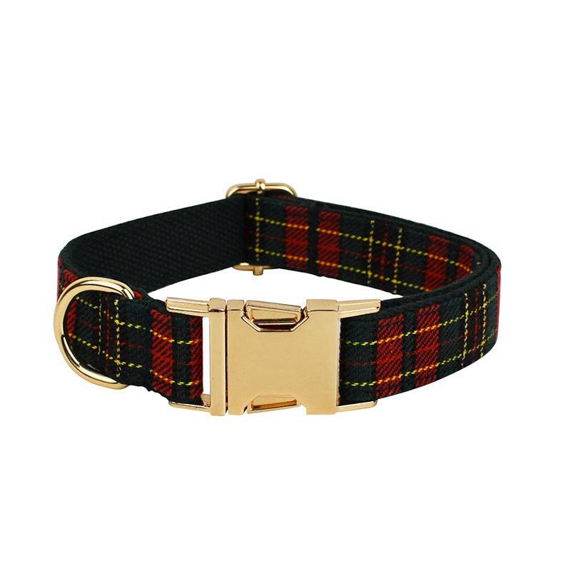 FURDUO plaid Christmas pet collar with green background and matching leash, festive holiday accessory for small dogs or cats.
