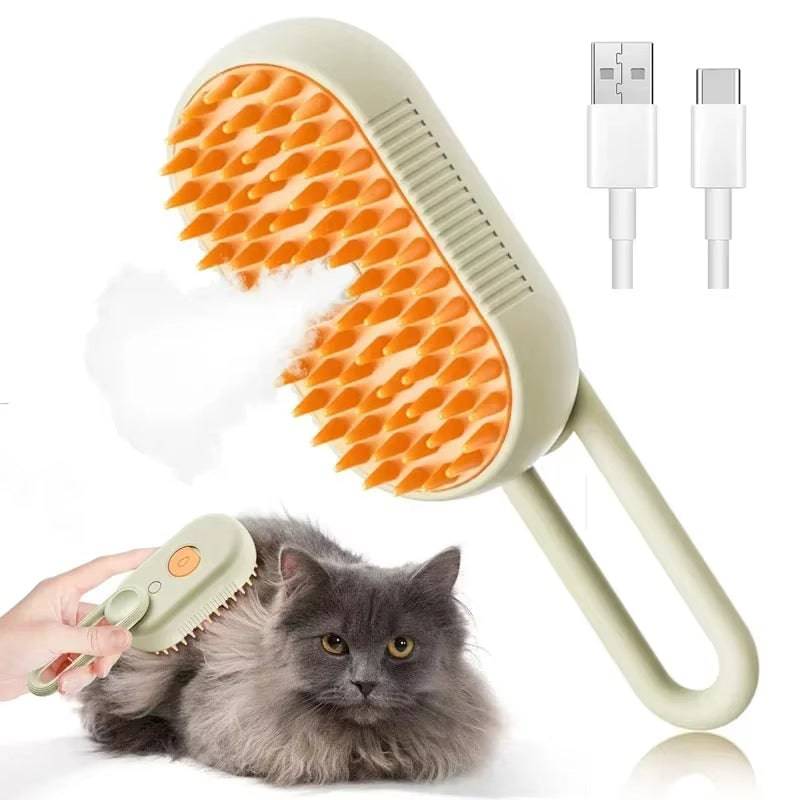 FURDUO Steamy Pet Pamperer 3-in-1 grooming brush with ergonomic handle and flexible bristles for gentle pet grooming.