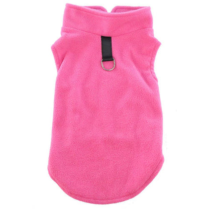 FURDUO fleece dog jacket with leash attachment, soft and warm pet apparel for small dogs, showing a cozy, snug fit on a dog.