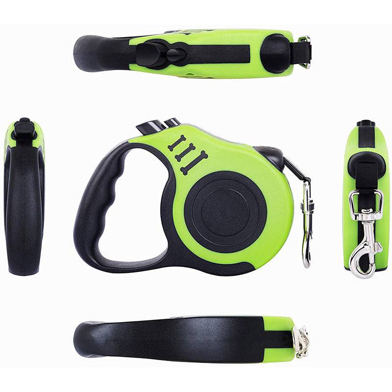 FURDUO automatic retractable dog leash with traction wheel, showcasing the leash extended and ready for walking a medium-sized dog.