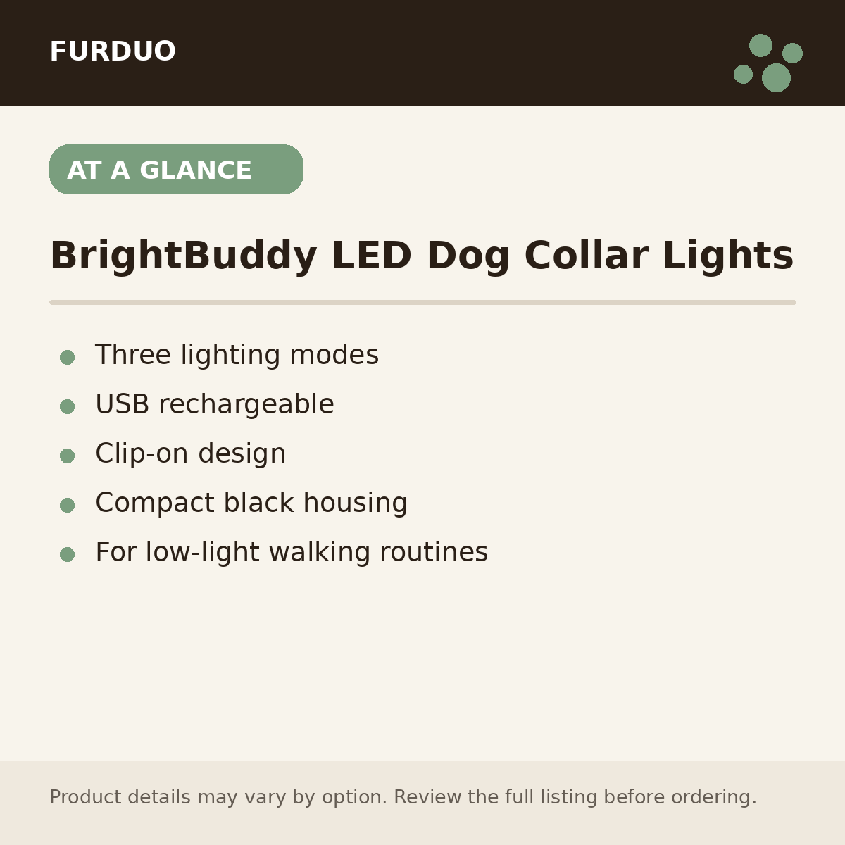 BrightBuddy LED Dog Collar Lights at a glance product details
