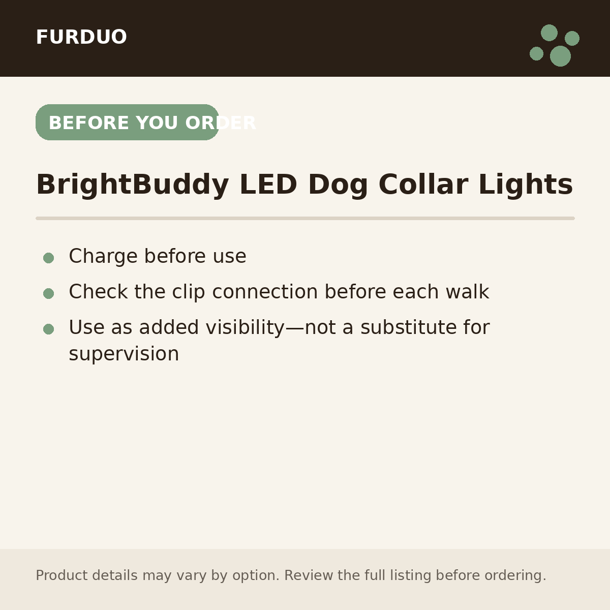 BrightBuddy LED Dog Collar Lights before you order information