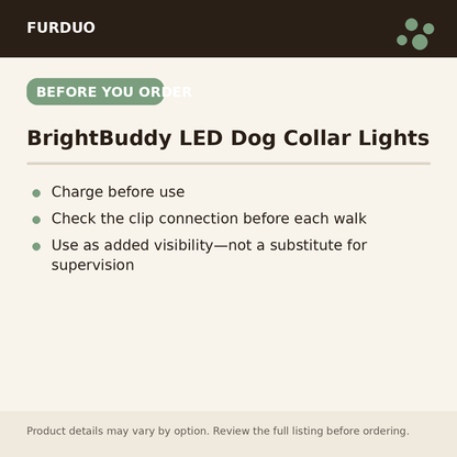 BrightBuddy LED Dog Collar Lights before you order information
