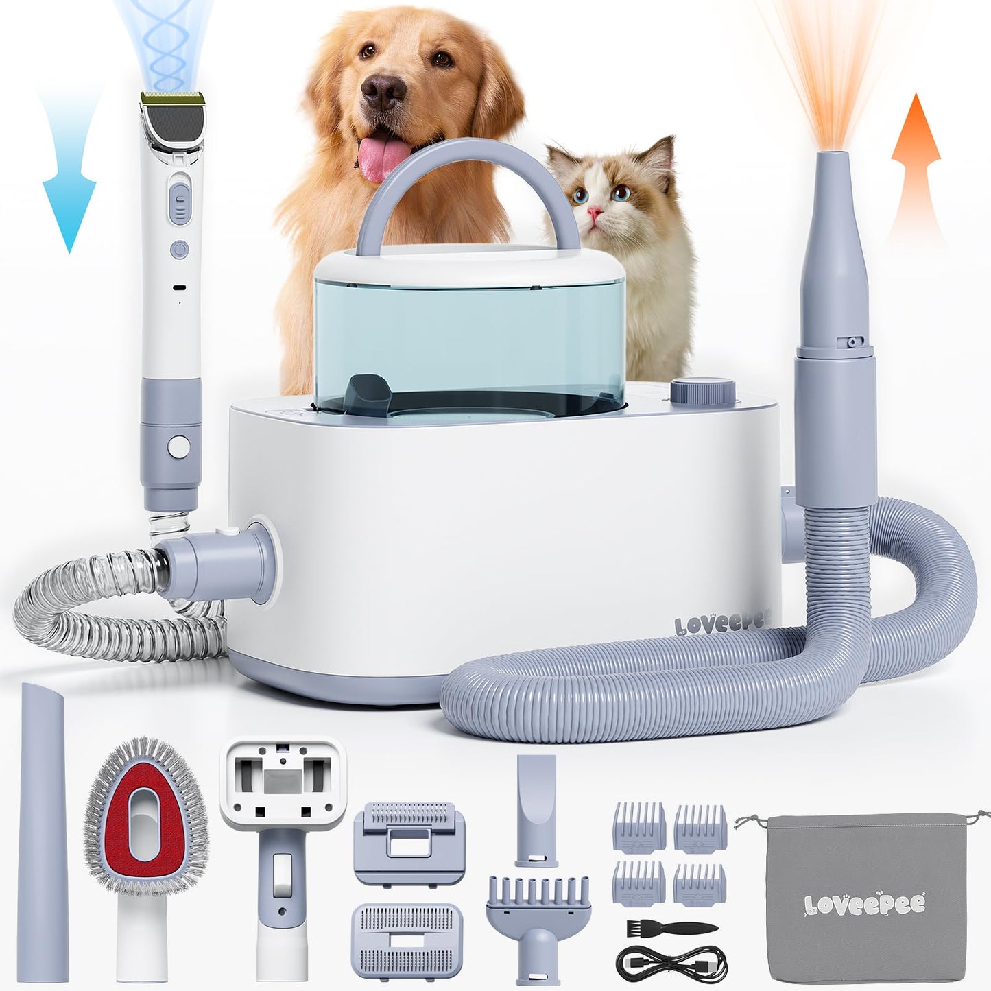 FURDUO Pawsome Pal 9-in-1 Pet Grooming Vacuum with adjustable attachments and pet fur collection, ready for grooming.