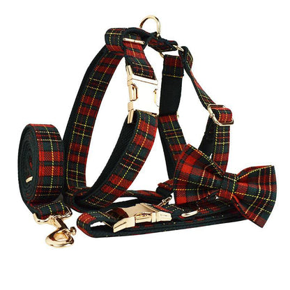 FURDUO plaid Christmas pet collar with green background and matching leash, festive holiday accessory for dogs or cats
