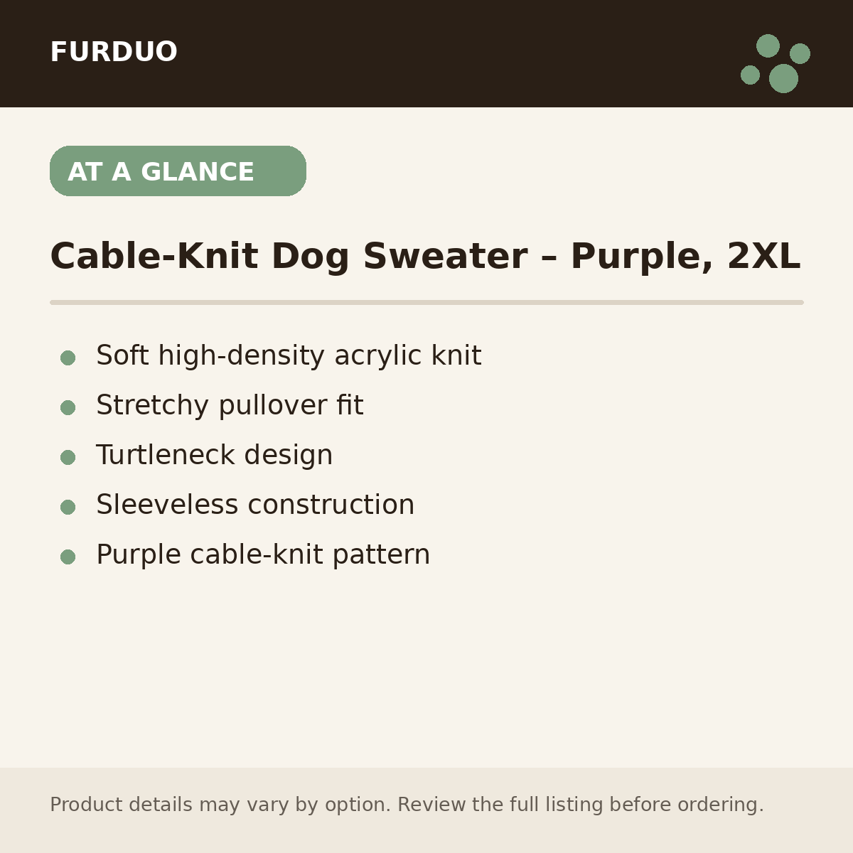 Cable-Knit Dog Sweater – Purple, 2XL at a glance product details