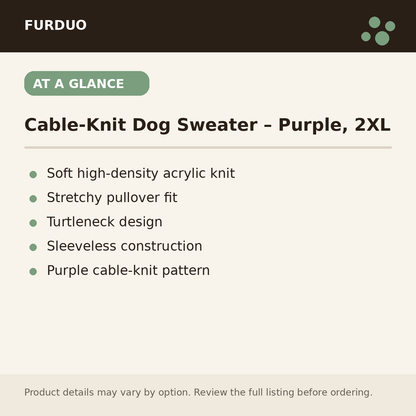 Cable-Knit Dog Sweater – Purple, 2XL at a glance product details