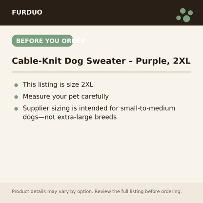 Cable-Knit Dog Sweater – Purple, 2XL before you order information