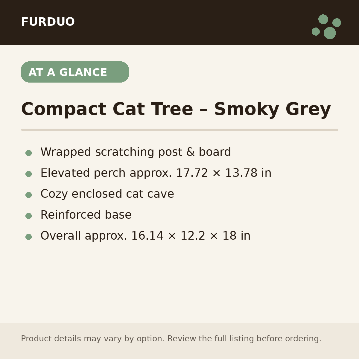 Compact Cat Tree with Scratching Post & Perch – Smoky Grey at a glance product details