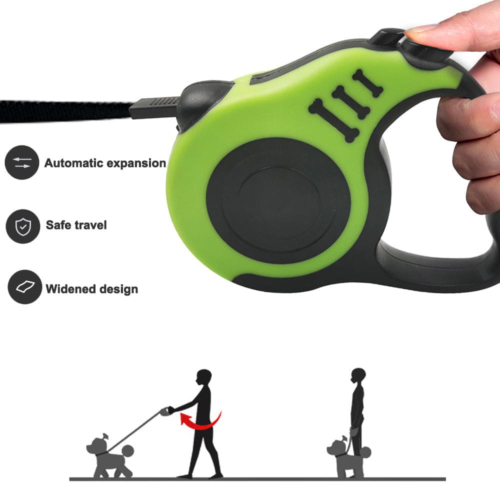 FURDUO automatic retractable dog leash with traction wheel, showing the leash extended and the handle for easy control.