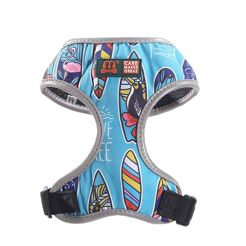 Multicolor dog harness by FURDUO featuring adjustable straps and a secure buckle for comfortable pet walking.