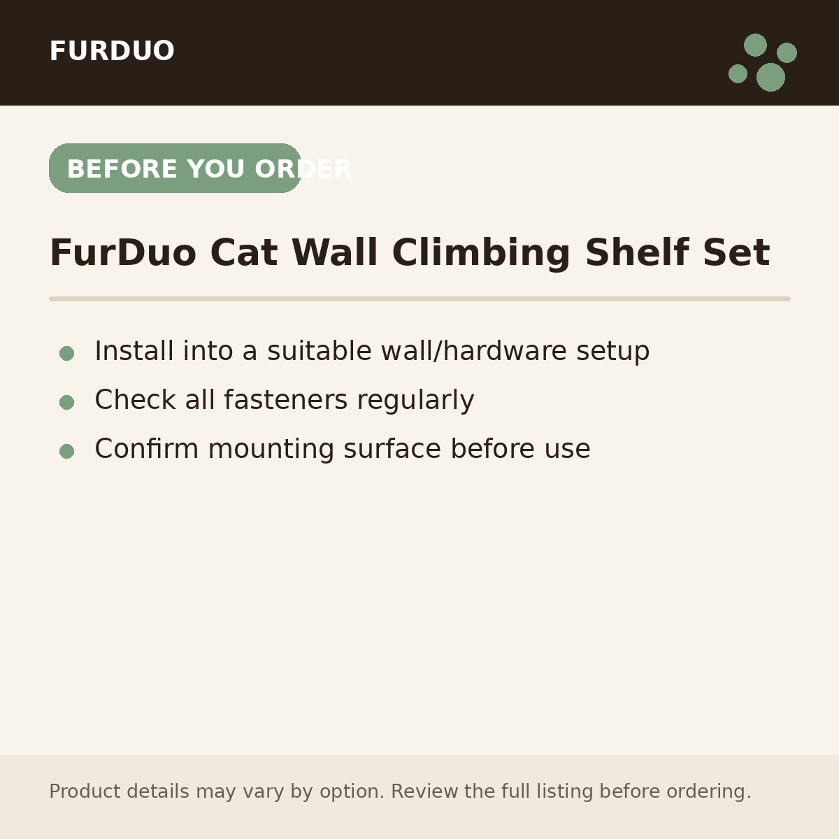 FurDuo Cat Wall Climbing Shelf Set before you order information
