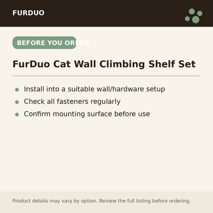 FurDuo Cat Wall Climbing Shelf Set before you order information