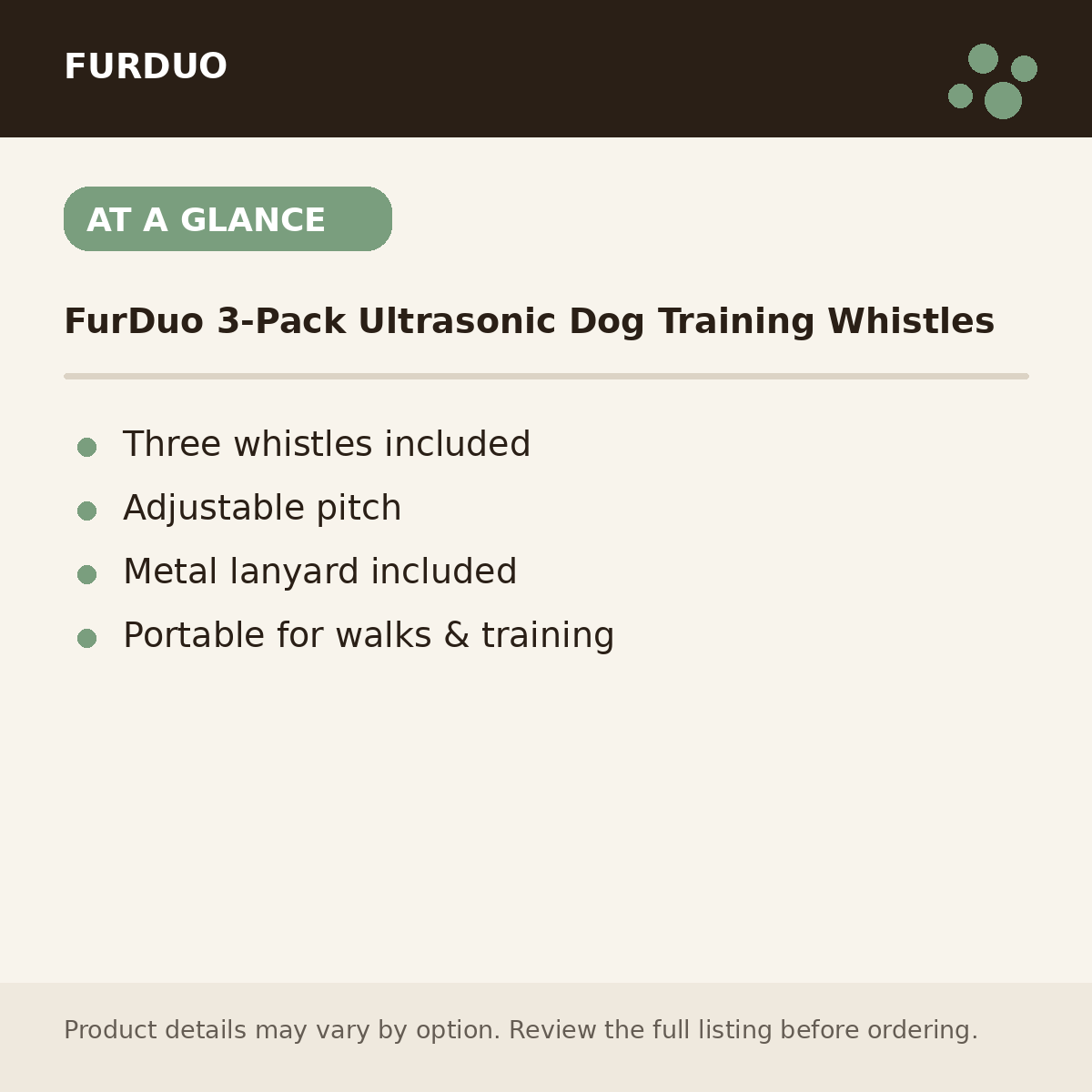 FurDuo 3-Pack Ultrasonic Dog Training Whistles at a glance product details