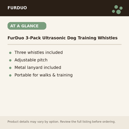 FurDuo 3-Pack Ultrasonic Dog Training Whistles at a glance product details
